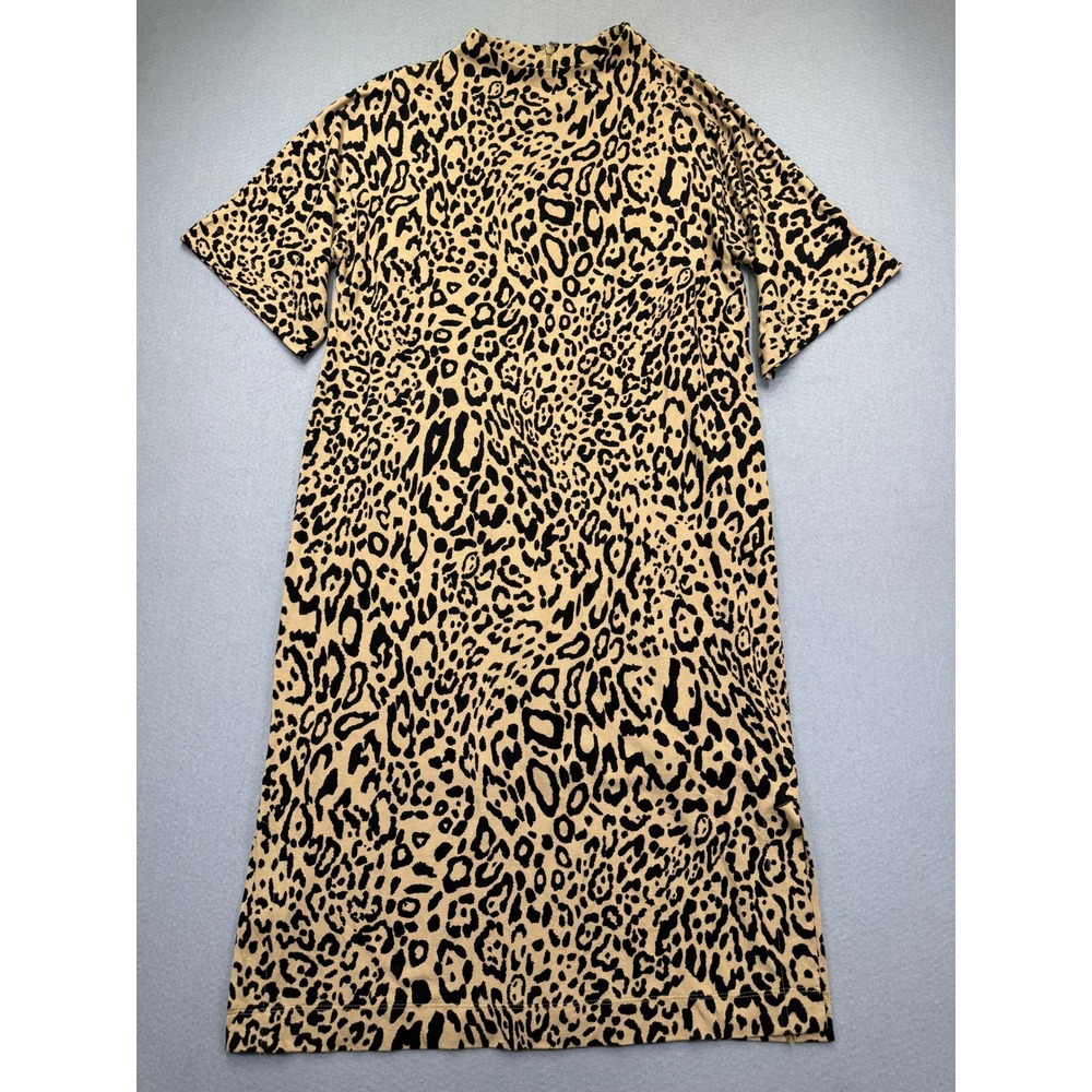 Chico's Leopard Print Mock Neck Shift Dress Tan Black Short Sleeve‎ Size 2 12/14